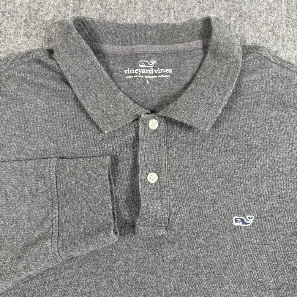 Vineyard Vines Men's L Long Sleeve Polo Shirt Gray Cotton Stretch Whale Logo